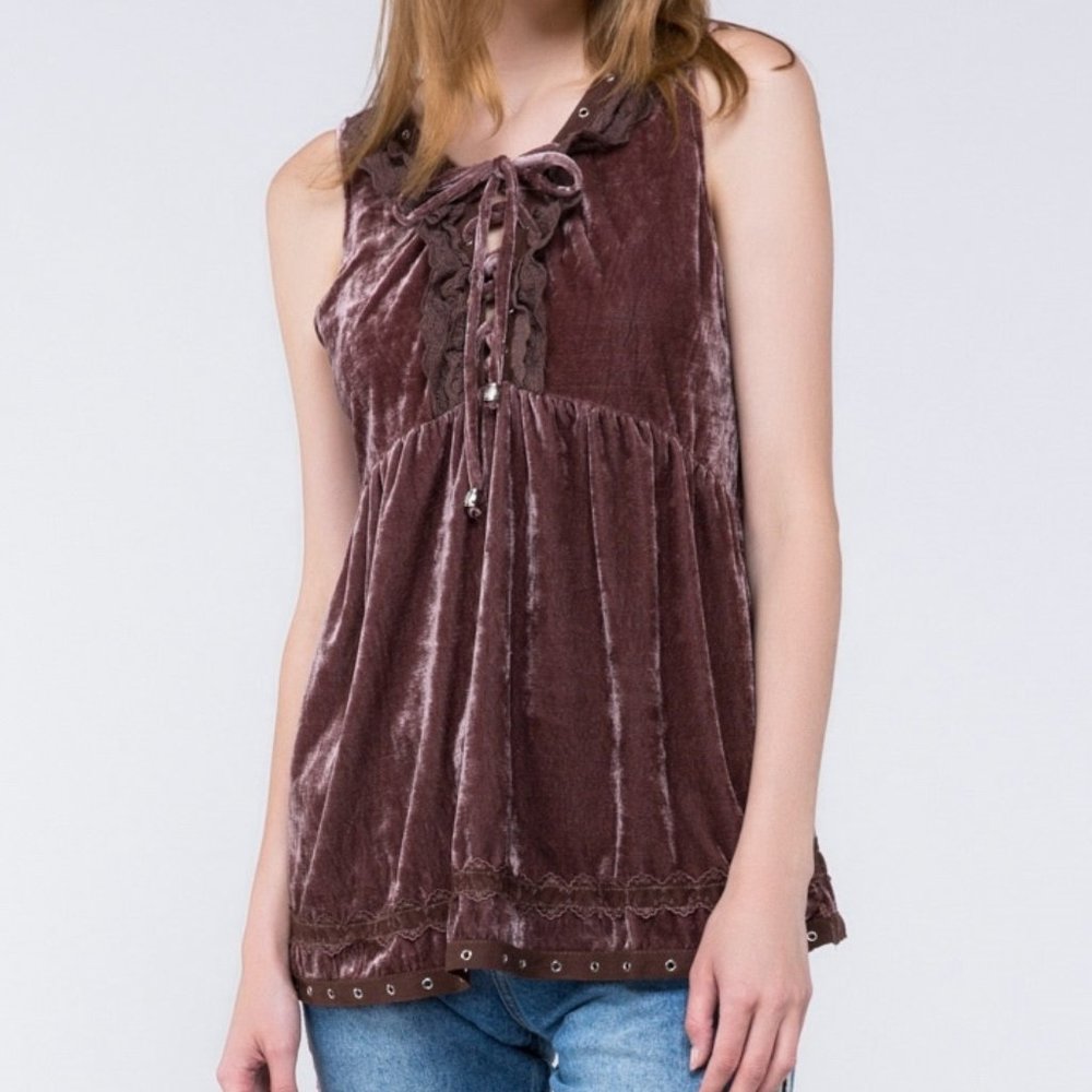 POL Brown Velvet Lace Up Sleeveless Tunic Top NEW
